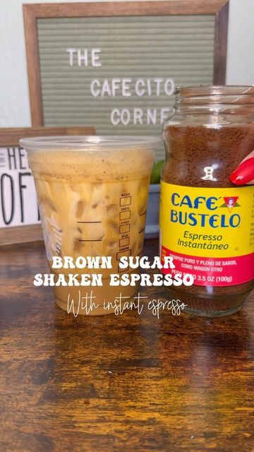 The Cafecito Corner ☕️ on Instagram: "You could never go wrong with a brown sugar shaken espresso and you don’t even need a fancy machine! I feel they taste quite delicious this way too! 🥹 • • ✨Ingredients & Instructions:✨ * Make instant espresso: 2 tsp of instant espresso & 4 TBS of hot or warm water * Add in 1 tbs of brown sugar and MIX WELL * Add in a dash of cinnamon (optional) * Add in ICE and splash of milk * SHAKEEEEE * Swap into new cup & top off w/ milk • #nespresso #starbucksathome #coffeetiktok #coffeerecipe #espresso #baristarecipes #coffeebar #brownsugarshakenespresso #instantcoffee #starbucksdupe #cafebustelo #cafebusteloespresso #cafebustelorecipe" Espresso Coffee At Home, Instant Espresso Recipes Coffee, Hazelnut Oatmilk Shaken Espresso, Esspreso Coffe Diy, Drinks With Instant Coffee, Homemade Brown Sugar Shaken Espresso, Espresso With Instant Coffee, Instant Expresso Recipe, Instant Cafe Bustelo Recipe