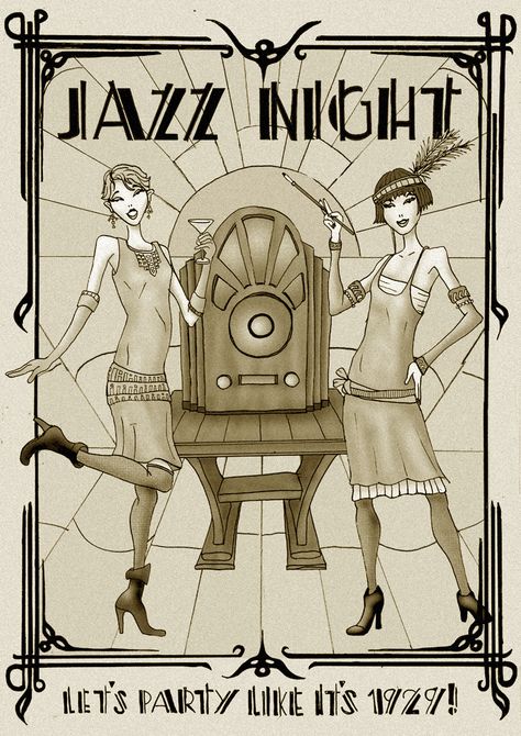 The Jazz Age Aesthetic, New Orleans 1920s Jazz Age, 1940s Jazz Aesthetic, 20s Jazz Club, Jazz Age Aesthetic, 1920s Art Deco Posters Jazz Age, Jazz Animation, Art Deco Aesthetic Outfit, Old Jazz Aesthetic