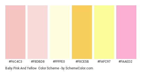 Baby Pink and Yellow - Color scheme palette thumbnail - #f6c4c3 #f8dbd8 #ffffe0 #f8ce5b #fafc97 #faaed2 Yellow And Pink Color Scheme, Pink Yellow White Color Palettes, Yellow Pink Colour Palette, Pastel Pink And Yellow Color Palette, Light Yellow Color Scheme, Pastel Yellow Color Combination, Color Scheme With Yellow, Pink And Yellow Colour Palette, Yellow Color Palette Colour Schemes