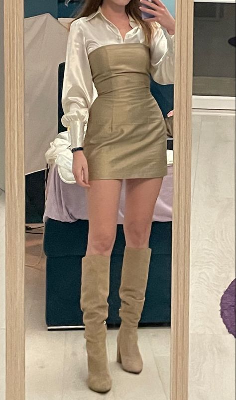 Hourglass, Strapless dress outfit, Dress outfit, Small waist Satin Shirt Outfit, Satin Shirt, Fall Fits, Womens Fashion Trends, Shirt Outfit, Knee High Boots, Over Knee Boot, Strapless Dress, Satin