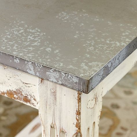 Our Messina Table was inspired by a well-loved Italian antique. The expansive, food-safe top is covered in zinc sheeting that's been acid-washed. Concrete Top Table, Zinc Table Top, Zinc Countertops, Cement Counter, Zinc Sheet, Stainless Steel Table Top, Zinc Table, Table Beton, Cabinet Trends