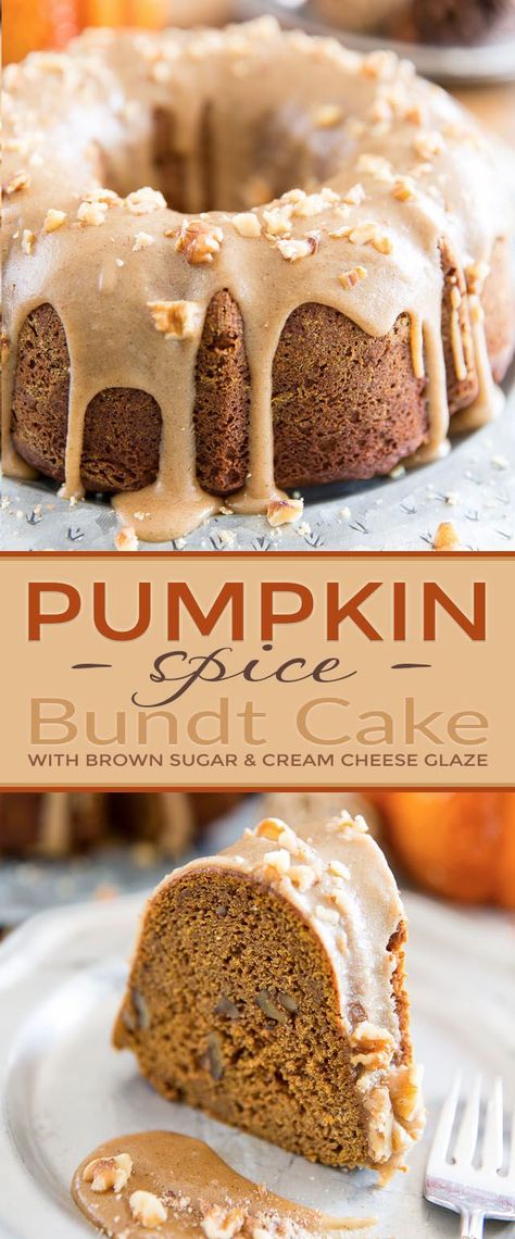 Pumpkin Spice Bundt Cake - With Brown Sugar and Cream Cheese Glaze • My Evil Twin's Kitchen Pumpkin Spice Bundt Cake, Spice Bundt Cake, Bundt Pan Recipes, Pumpkin Bundt, Pumpkin Bundt Cake, Cream Cheese Glaze, Kitchen Recipe, Bundt Cakes Recipes, Köstliche Desserts