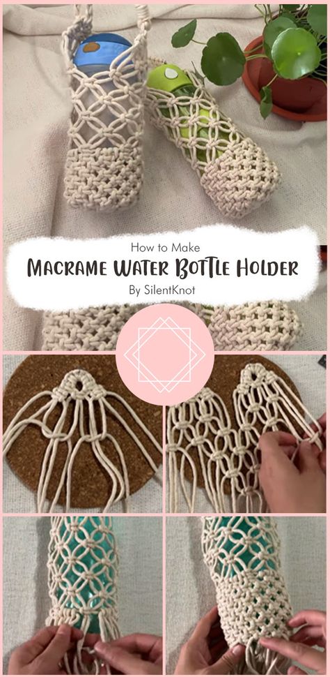 In this tutorial, SilentKnot will teach you how to make a macrame water bottle holder with added base protection. This project is really easy to do. So, let’s make a macrame water bottle holder with added base protection! Crocheted Bottle Holders, Macrame Bottle Holder Free Pattern, Macrame Water Bottle Holder Pattern, Macrame Useful Things, Bottle Macrame Tutorial, Knitted Bottle Holder, Macrame Water Bottle Holder Tutorial, Knitted Water Bottle Holder, Macrame Water Bottle Holder Diy Tutorial