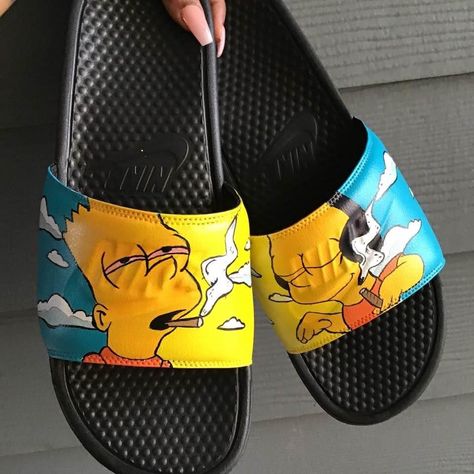 Custom Hand Painted Nike Slides Nike Slides Men, Custom Nike Slides, Nike Slide Sandals, Custom Sandal, Fire Shoes, Nike Slippers, White Slides Sandals, Custom Painted Shoes, Custom Shoes Diy