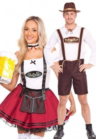 Couples Red Lederhosen oktoberfest Outfit Costume Tavern Bartender, Waitress Outfit, Oktoberfest Outfits, Halloween Parejas, Oktoberfest Costume, Beer Outfit, Carnival Festival, Dirndl Dress, Couples Halloween