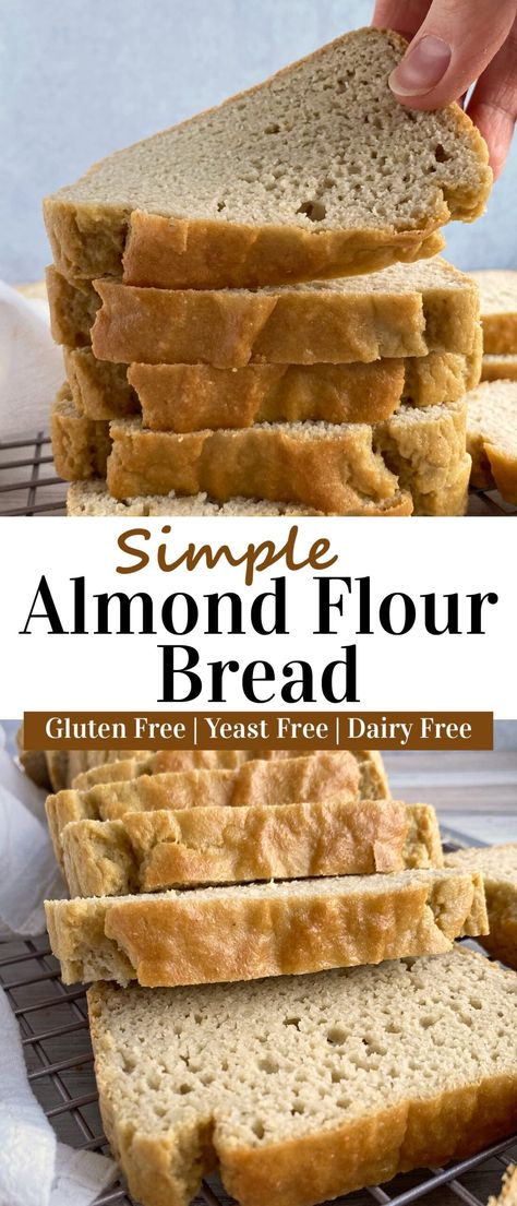 This simple almond flour bread recipe is gluten free, yeast free and easy to make. This Paleo bread recipe contains grain free flours, eggs and yogurt (oil free) for a fluffy, moist loaf. It's great toasted and spread with jam or nut butter or sliced and made into sandwiches. #paleobread #almondlfourbread #grainfree #glutenfree Almond Bread Recipe, Almond Flour Bread Recipes, Paleo Bread Recipe, Dairy Free Bread, Yogurt Bread, Yeast Free Breads, Almond Flour Bread, Gluten Free Yeast Free, Grain Free Bread