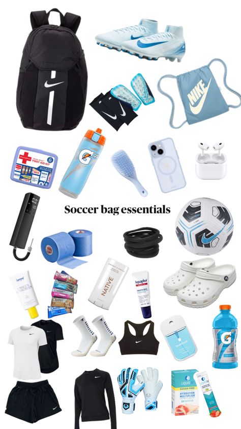 I recommend having this stuff in your soccer bag! 🩵⚽️🫶🏻 Soccer Bag Essentials, Soccer Photography Poses, Casual Athletic Outfits, Soccer Poses, Soccer Skills Training, Soccer Essentials, Soccer Bag, Nike Football Boots, Soccer Photography