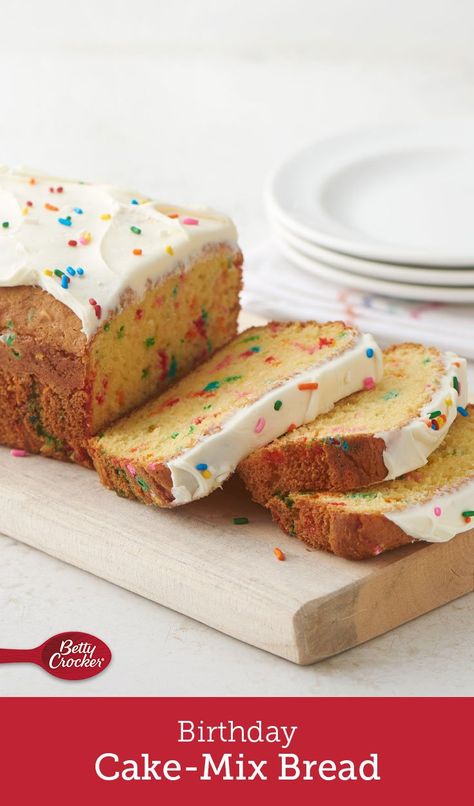 Sweeten your next celebration with this simple and colorful cake-mix bread! A great alternative to a sheet cake, this recipe makes two loaves, so you can double your fun. Cake Mix Recipes, Cake Mix Cookies, Dessert Bread, Food Cakes, Sheet Cake, Sweets Treats, Pina Colada, Coffee Cake, Just Desserts