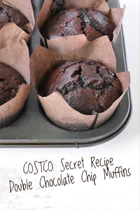 Chocolate muffin in muffin liner sitting in muffin tin. Smitten Kitchen Double Chocolate Chip Muffins, Sams Club Chocolate Chip Muffins, Muffin Recipes Double Chocolate Chip, Chocolate Muffins Costco, Best Double Chocolate Muffins, Costco Chocolate Muffins Copycat, Chocolate Muffins Bakery Style, Moist Double Chocolate Chip Muffins, Sams Club Muffin Recipe