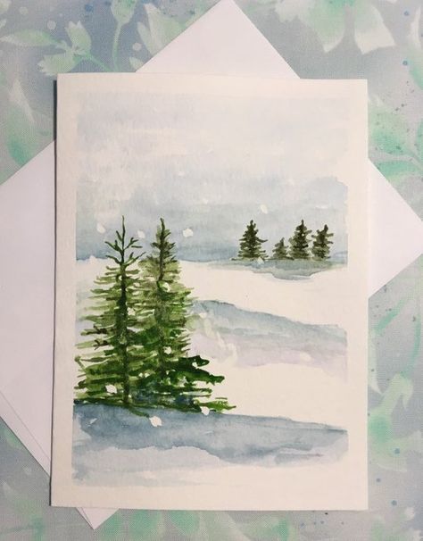 Little Fine Arts Original Watercolor Christmas Card | Etsy Christmas Cards Diy, Watercolor Christmas Cards Diy, Painted Christmas Cards, Painted Cards, Learn Watercolor Painting, Trees Painting, Watercolor Christmas Tree, Cards Watercolor, Learn Watercolor