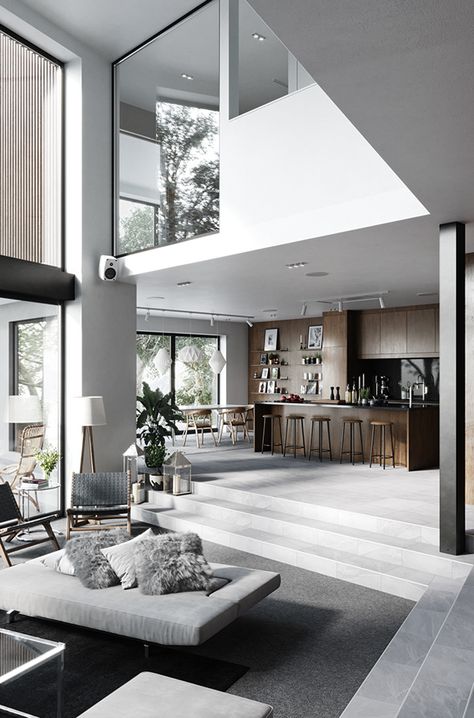 Modern house in Sweden on Behance Behance House, High Ceiling Living Room, Sweden House, Modern House Interior, House Interior Living Room, Interior Living Room, Minimalist House Design, Modern Houses Interior, Hus Inspiration