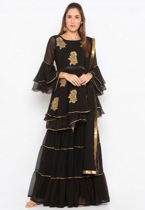 Three Layer Sharara, Black Georgette Kurti, Black Sharara Suit, Black Sharara, Kameez Design, Sharara Designs, Readymade Salwar Kameez, Short Kurta, Pakistani Designer Suits