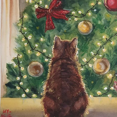 Christmas Kitty Painting, Cat In Christmas Tree Drawing, Winter Cat Painting, New Year Painting Ideas Canvas, New Years Painting Ideas, New Year Doodle Art, Cat Christmas Painting, Cat Christmas Drawing, Christmas Aesthetic Drawing