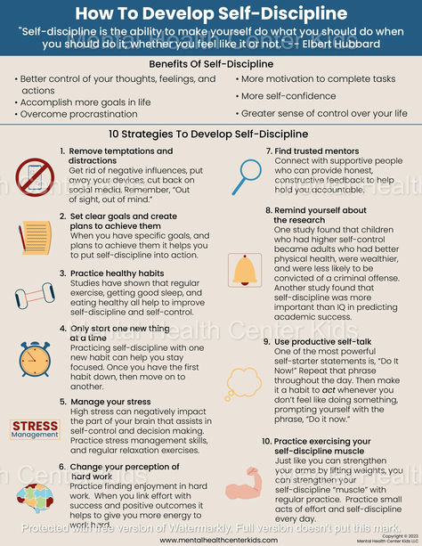 Self-discipline involves being in control of one's feelings and thoughts, not just actions. This handout shows how to develop self-discipline using practical strategies like removing temptations, practicing stress management, and finding enjoyment in hard work! Download the handout from our website. #SelfDiscipline #GoalSetting #SelfConfidence #SelfTalk Tips To Be Disciplined, How To Disiplin Yourself, Developing Self Discipline, How To Be Self Disciplined, How To Build Discipline, How To Become More Confident, How To Be Disciplined In Life, Self Control Tips, Discipline Exercise