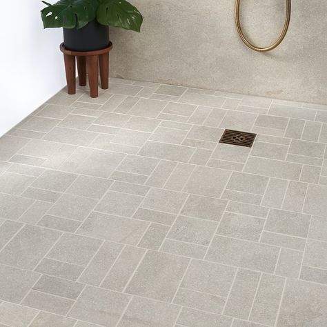 Sample-Acadia French Pattern Linen Beige Matte Porcelain Mosaic Tile Limestone Shower Floor, Classic Bathroom Floor Tile, Limestone Bathroom Floor, Bathroom Floor Tile Patterns, French Tile, Small Ensuite, Laundry Room Tile, Porcelain Tile Bathroom, Patterned Bathroom Tiles