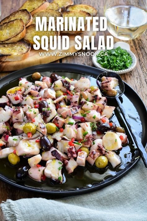 Marinated Squid Recipes, Canned Squid Recipes, Marinated Seafood Salad, Japanese Squid Salad Recipe, Marinated Salads, Squid Salad Recipe, Fish Starter Recipes, Marinated Steak Recipes, Calamari Salad