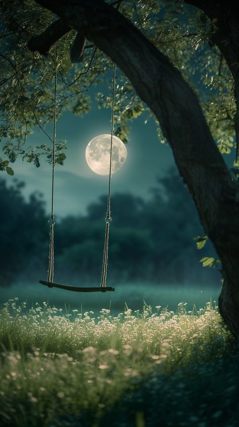 Moonlit Swing Solitude - Download Free Photo Now - StockCake Swings At Night, Peaceful Wallpapers, Swing Aesthetic, Forest Moon, Mystical Moon, Beauty Technology, Moon Silhouette, Single Tree, Tree Swing