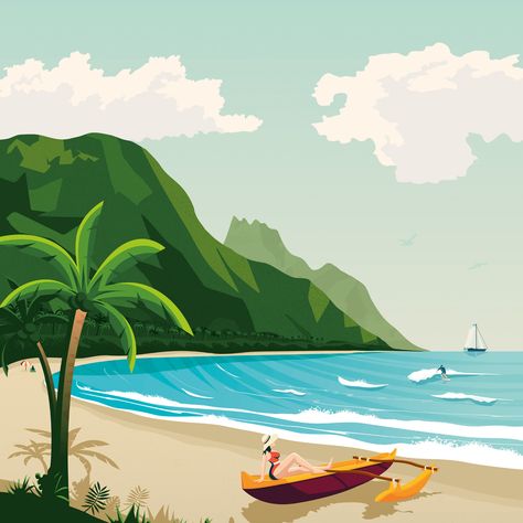 Hawaii Polynesia Island USA Travel Poster Illustration on Behance American Travel Posters, Honolulu Beach, Hawaii Art Print, Boat Illustration, Hawaii Art, Mountain Illustration, Beach Illustration, Poster Illustration, Lukisan Cat Air