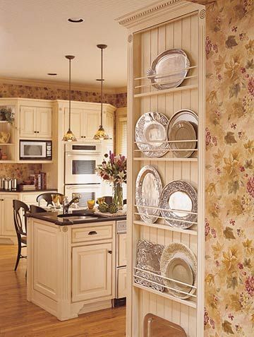 An Open Plate Rack is a great idea for the side of a refrigerator that might oherwise go un-used. A nice spot for those in-frequently used but pretty platters: Plate Rack Wall, French Country Kitchen Designs, Country Kitchen Designs, Traditional Kitchen Design, French Country Kitchens, Rack Kitchen, French Country Kitchen, Kitchen Decorating, Kitchen Redo