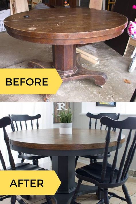 How To Repaint Dining Room Table, Redoing Dining Room Table And Chairs, Renovate Dining Table, Dining Table Redo Before After, Wooden Dining Table Makeover, Table Stained And Painted, Refinished Dinning Room Tables, Dining Room Table Diy Redo, Refinishing Dining Room Table And Chairs Wood