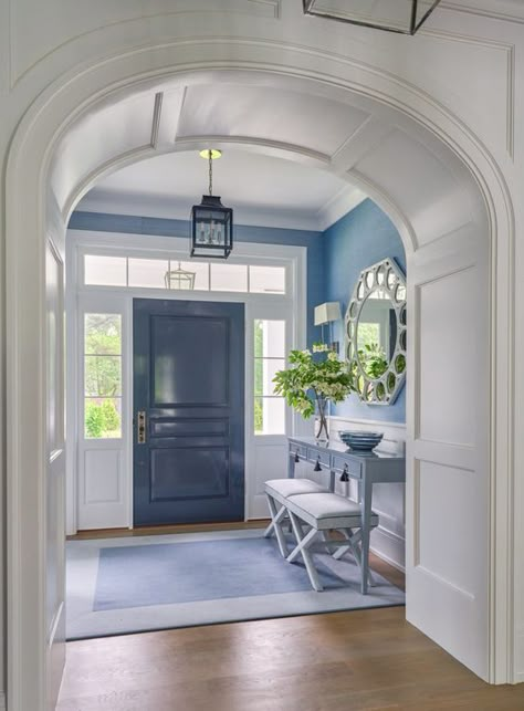 Blue And White Living Room, Beautiful Houses Interior, Foyer Design, Transom Windows, Beach House Interior, House Entrance, Blue House, Florida Home, House Inspo