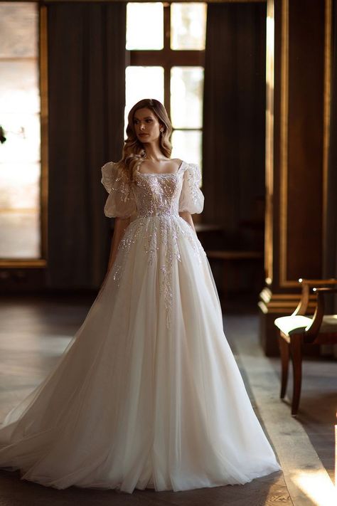 A Line Wedding Dress For Plus Size, Wedding Gown For Mid Size, Simple Small Wedding Dress, A Line White Wedding Dress, Ball Gown Wedding Dress With Puffy Sleeves, Ballgown Square Neckline Wedding Dress, Wedding Satin Gown, Princes Disney Wedding Dress, Wedding Dress Feminine