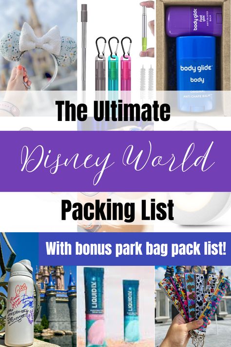 Pictures of items that are recommended to pack for Disney World such as reusable straws, Liquid IV, mouse ear holders and anti chaffing balm. Disneyworld Packing Checklist, List Of Things To Bring To Disney, Disney Must Pack List, Disney Honeymoon Packing List, Ultimate Disney World Packing List, Packing List For Trip, Disney Christmas Packing List, Packing Disney World, Disney Trip Must Haves Packing Lists