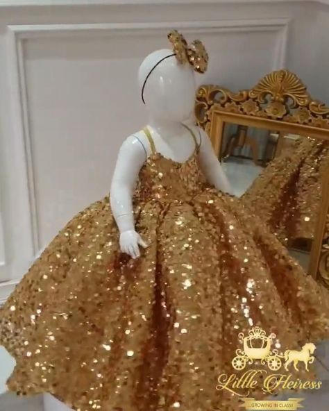 Baby Girl Gown Styles, Children Gowns Dresses, Baby Gowns Girl Birthday, Baby Girl Gown Designs, Gold Dress For Kids, Girls Gown Design Kids, Birthday Gowns For Kids, Baby Gowns Party Wear