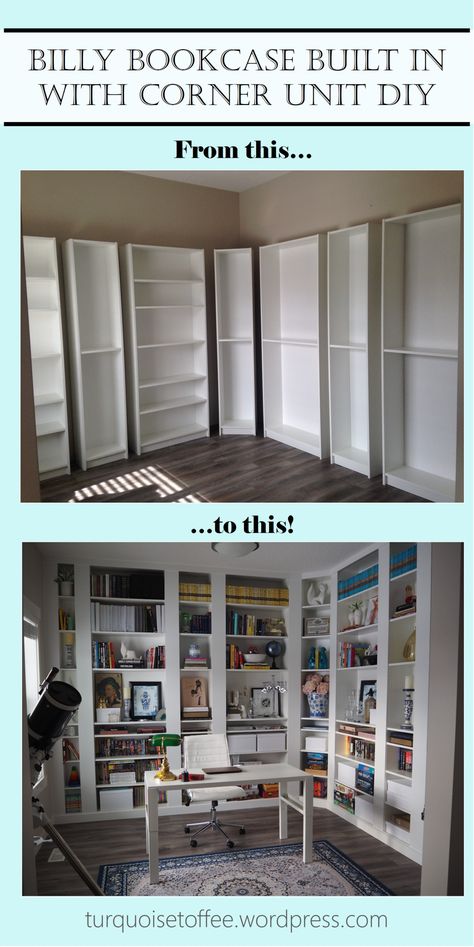 Billy Bookcase Built-In with Corner Unit DIY: Our Library Reveal – turquoise toffee Diy Library, Billy Ikea, Ikea Desk Hack, Billy Regal, Bookcase Diy, Ikea Hack Ideas, Ikea Furniture Hacks, Decor Ikea, Billy Bookcase