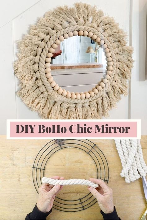 Macrame Round Mirror Diy, Boho Chic Mirror, Boho Diy Bedroom Decor, Diy Boho Beach Decor, Diy Auction Items Crafts, Diy Macrame Mirror Wall Hanging, Boho Beach Design, Beginning Macrame Projects, Boho Crafts To Sell