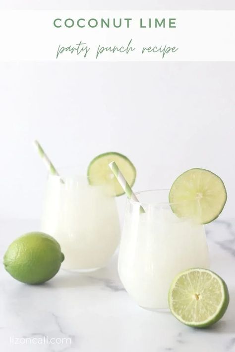 Coconut Lime Party Punch — Liz on Call Easy Party Punch Recipes, Call Recipes, Coconut Punch, Holiday Party Punch, Punch Recipes For Kids, Party Punch Recipe, Easy Party Punch, Alcoholic Punch Recipes, Frozen Limeade