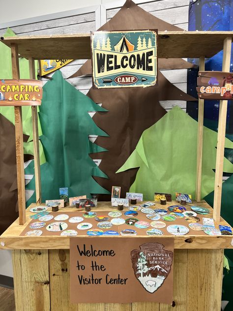 National Parks Themed Classroom, National Park Classroom, Ra Programs, Preschool Door, Pokémon Party, Sunday School Decorations, Camping Classroom, Camp Theme, Camping Theme Classroom