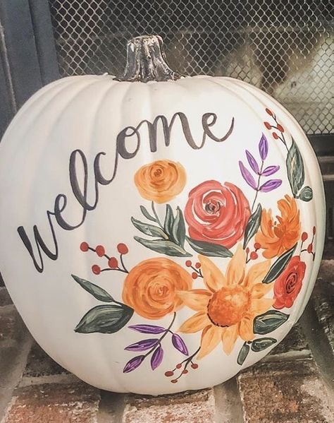 Pumpkin Painting Ideas Flowers Easy, Scary Pumkins Ideas Painted, Painted Pumpkins For Thanksgiving, Mushroom Painted Pumpkin, Painted Pumpkins Thanksgiving, Pumpkin Painting Ideas Floral, Long Pumpkin Painting Ideas, Fall Painted Pumpkins Ideas, Flower Painted Pumpkins