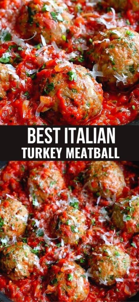 Meatballs are always a crowd pleaser. These baked Italian Turkey Meatballs happily wallow in a pan of homemade tomato sauce. 336 calories and 5 Weight Watchers SP | Baked Ground Turkey Meatballs Oven, Ground Turkey Italian Meatballs, Giada Turkey Meatballs, Turkey Italian Meatballs, Turkey Meatballs Oven, Turkey Meatball Subs, Turkey Sausage Meatballs, Easy Homemade Tomato Sauce, Bbq Turkey Meatballs