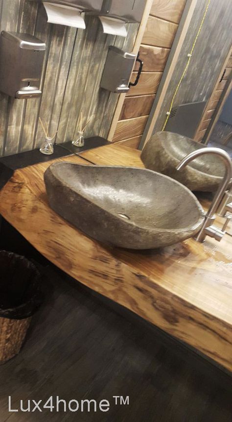 River stone vessel sink bathroom - natural stone sinks in bathroom Stone Basin Bathroom Natural, Stone Sink Bathroom, Stone Vessel Sink Bathroom, Bathroom Natural, Stone Bathroom Sink, Natural Stone Bathroom, Stone Sinks, Stone Vessel Sinks, Rustic Bathroom Designs