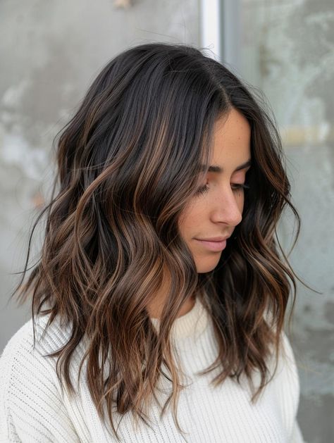 Winter Brown Hair Balayage, Brunette Balayage Shoulder Length Hair, Brunette Hair Dark Roots, Mid Length Aline Haircut, Multi Dimensional Brunette Balayage, Brown To Brown Balayage, Brunette Hair Color For Green Eyes, Lives In Brunette Balayage, Balayage For Dark Brown Hair Medium