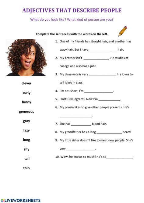 Describing appearance - Interactive worksheet Describing Appearance, Appearance Worksheet, Personality Adjectives, Describing People, Board Game Template, English Adjectives, Adjective Worksheet, Esl Teaching Resources, Skin Natural Remedies