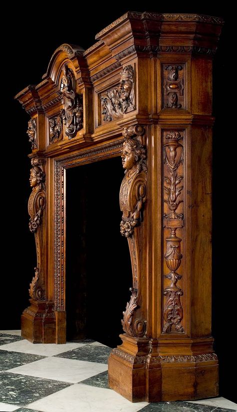 Walnut Fireplace, Large Fireplace, Antique Fireplace Mantels, Wood Carving Furniture, Wooden Fireplace, Palermo Sicily, Carved Furniture, Antique Fireplace, Victorian Furniture