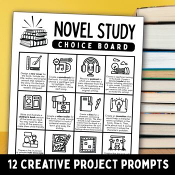 Get your students invested in showing you about their novel with this novel study choice board. There's a time and place for book reports, but there are better and more engaging ways to check for understanding! This resource includes 12 open-ended project prompts that allow students to use their own creative strengths to share about their novel. Your students will find themselves doing any of the following to show their understanding:WritingGraphic designDrawingRecording a podcastCreating a vide Novel Study Choice Board, Frindle Book Projects, Novel Study Activities For Any Book, Book Report Ideas Middle School, Wildflower Classroom, Book Project Ideas, Novel Projects, Novel Study Project, Creative Book Report