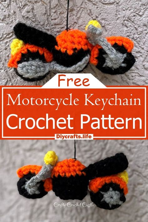 Crochet Keychain Pattern Crochet Motorcycle Keychain, Crochet Keychain Pattern Free Key Rings, Crochet Keychain For Men, Motorcycle Crochet, Crochet Keychains Patterns Free, Free Crochet Keychain Patterns, Crochet Cars, Crochet Keychain Patterns, Crochet Keyring Free Pattern