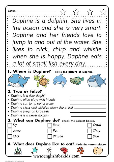 Reading Comprehension Worksheets: Daphne the Dolphin 1st Grade Reading Worksheets, Story Reading, First Grade Reading Comprehension, Past Continuous, Grade 1 Reading, Reading Comprehension For Kids, Reading Comprehension Kindergarten, Present Continuous, Reading Comprehension Lessons