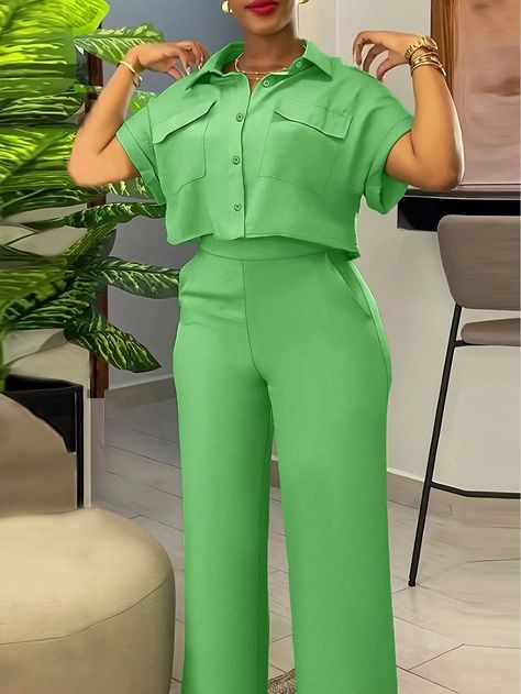 2pcs Set: Solid Color Buttoned Collar Top And Long Pants Green Casual    Plain  Non-Stretch  Women Clothing, size features are:Bust: ,Length: ,Sleeve Length: Luxury Yellow Sets For Workwear, Cheap Green Relaxed Fit Sets, 2piece Outfits Trouser And Top, Ankara 2 Piece Set Pants, 2pcs Trouser And Top, Pant Top Set Women, Tops And Trousers For Women, Tops For Wide Leg Pants, Ankara Two Piece Outfit Pants