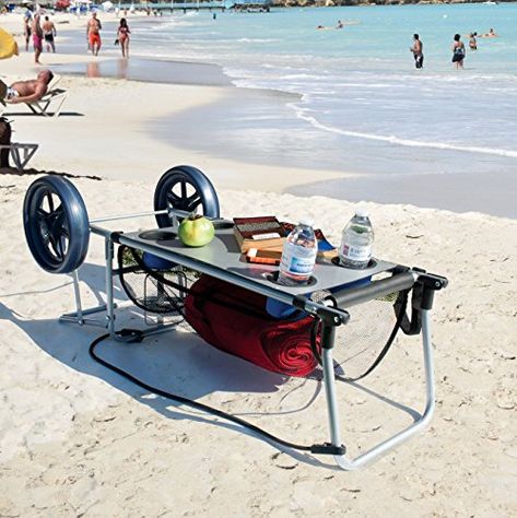 Beach Wagon Diy, Wagon Stroller, Rio Beach, Unusual Gadgets, Fishing Cart, Lunch On The Beach, Towel Clips, Beach Supplies, Folding Camping Table