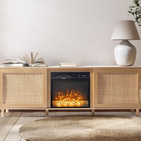 Fireplace TV Stand for TVs Up to 75 inch, Rattan TV Stand with Electric Fireplace, Boho Modern Entertainment Center 😍🔥 Big Tv Small Stand, Rattan Tv Stand, Tv Stand With Electric Fireplace, Handleless Cabinets, Modern Entertainment Center, Electric Fireplace Tv Stand, College Decor, Electric Fireplace Insert, Media Furniture