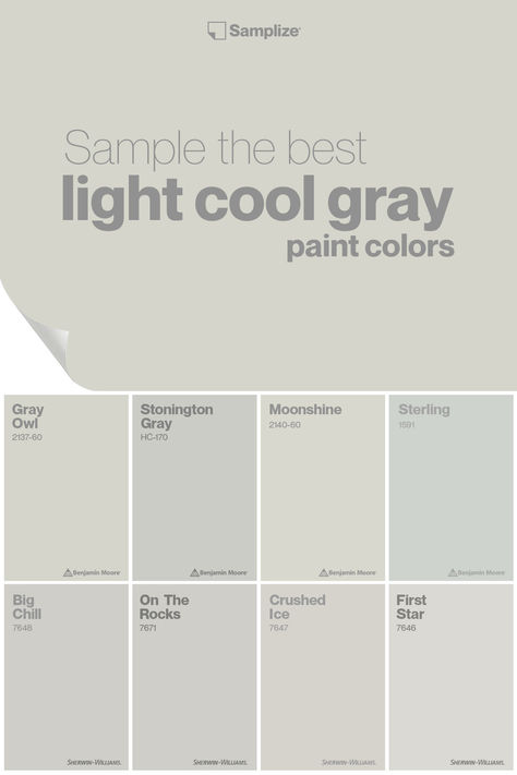 Sample the best light cool gray paint colors with Samplize for your home painting projects! Best Light Wall Colors, Soft Gray Paint Colors, Cool Grey Paint Colors, Best Light Gray Paint Color, Light Grey House Exterior, Cool Gray Paint Colors, Light Gray Paint Colors, Grey Kitchen Walls, Light Grey Paint Colors