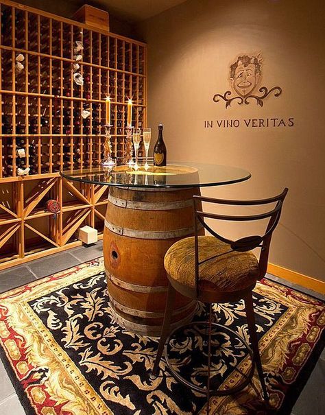 Wine Barrel Table, Wine Cellar Basement, Bar Deco, Wine Closet, Wine Cave, Home Wine Cellars, Barrel Table, Wine Tasting Room, Wine Cellar Design