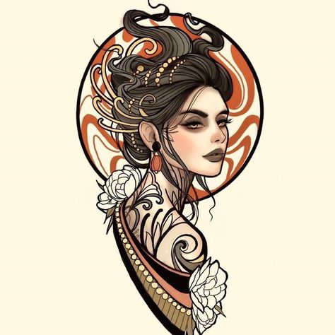 Neo Tattoo Traditional, Traditional Tattoo Girls, Neo Traditional Art, Traditional Tattoo Woman, Geisha Tattoo Design, Face Tattoos For Women, Neo Tattoo, David Wilson, Medusa Art