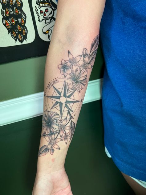 Compass, floral, coordinates, beach flowers, tattoo Compass With Flowers Tattoo, Compass Flower Tattoo, Coordinates Tattoo, Forearm Sleeve Tattoos, Beach Flowers, Forearm Tattoo Women, Flowers Tattoo, Phoenix Tattoo, Tat Ideas