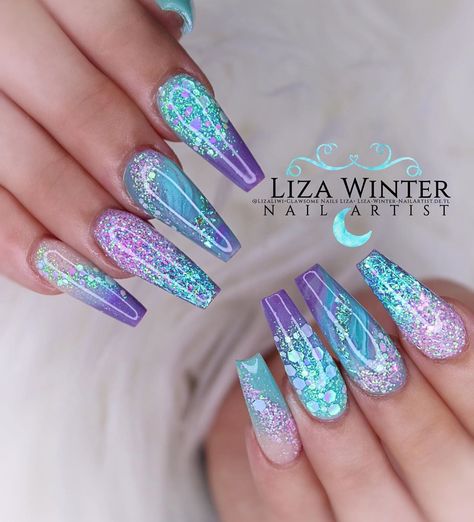 Glittery Acrylic Nails, Unghie Sfumate, Unicorn Nails, Fancy Nails Designs, Ombre Acrylic Nails, Mermaid Nails, Dope Nail Designs, Pretty Nail Art Designs, Nail Designs Glitter