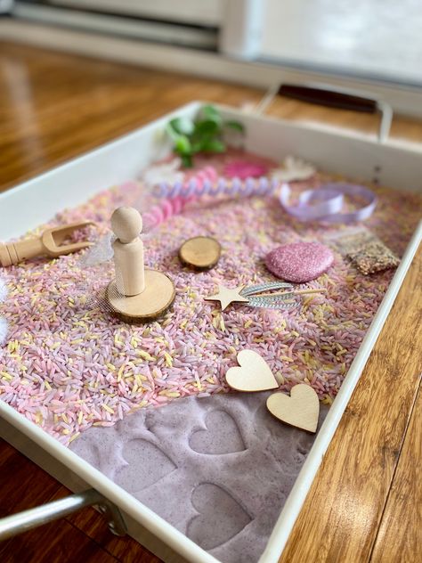 Fairy Sensory Bin, Fairy Tale Sensory Bin, Fairy Sensory Play, Tea Party Sensory Play, Fairy Playdough, Fairy Small World Play, Glitter Playdough, Sensory Rice, Fairy Glitter